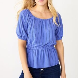 Nine West Blue Puff Sleeve Square Neck Peplum Top Black Striped Large